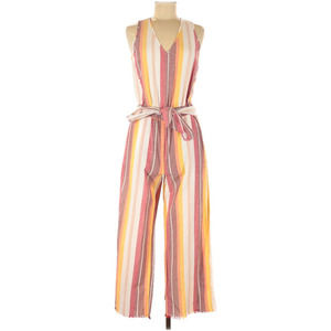 New Anthropologie DREW XS Striped Crop Wide Leg Linen Blend Jumpsuit Orange Red